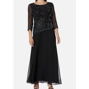J Kara Women's Plus Size Sheer Sleeve Floral Beaded Long Dress Black 18